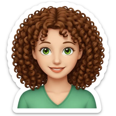 Кудрявая девушка 26 лет, с каштановыми волосами и зелёными глазами улыбается  sticker