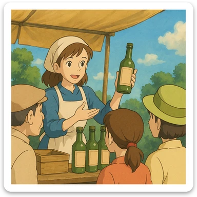 ghibli style woman promoting a product to customers outdoors sticker