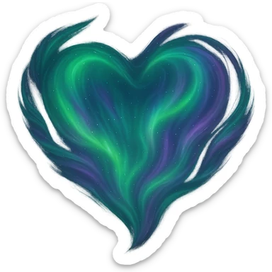 heart with a swirling aurora effect, digital illustration, no background, more green and purple sticker