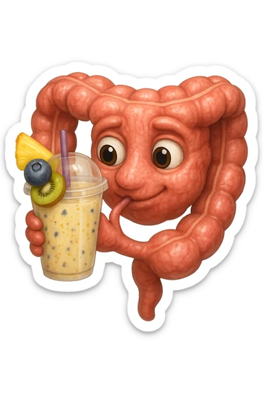 EMOJI STILE IPHONE DI un intestino umano anatomico che beve un frullato di mirtilli, ananas, kiwi, fagli anche la parte bianca degli occhi, non solo le pupille, REALISTICo 4K sticker