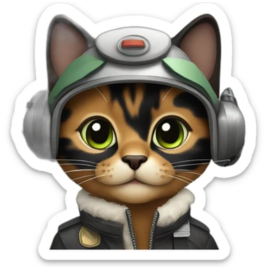 black and brown calico cat without any white and with green eyes dressed as a pilot sticker
