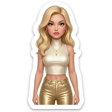 Honey Ryder from James Bond with hazel eyes, long blonde hair, ivory metallic turtleneck crop top, ivory metallic hipster panty, gold necklace, earrings sticker