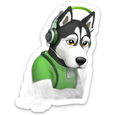 tired husky with headphones in a green T-shirt typing on the keyboard sticker