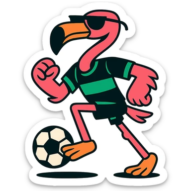 flamingo soccer player in sunglasses and a black and green jersey sticker
