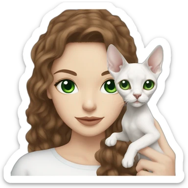 White brunette long hair woman with green eyes holding slim white devon rex with blue eyes sticker