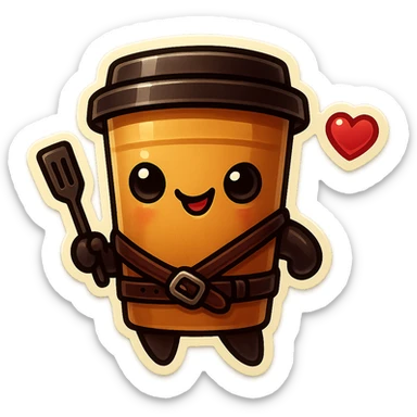 Tall coffee cup, dressed in leather holding a whipping paddle, mischevious, heart sticker