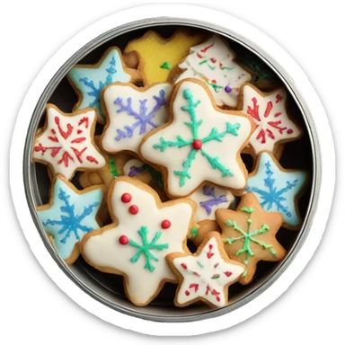 Frosted colorful christmas cookies in a round tin sticker