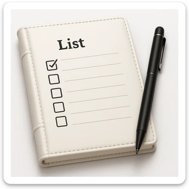 emoji of white leather notebook with some list on it and a black pen nearby sticker