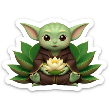 Baby Yoda con su tunica chocolate oscuro sentado dentro de una flor de loto estilo chino sticker