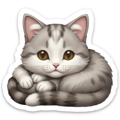 grey and white small cat with eyes closed lying down upside down with its head resting on its paw sticker