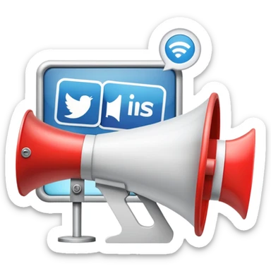 An icon featuring a megaphone, a billboard, and social media icons, symbolizing advertising and public relations. The design includes a press release and a rising graph, representing brand promotion and communication strategies. Transparent background highlights media influence and outreach. sticker