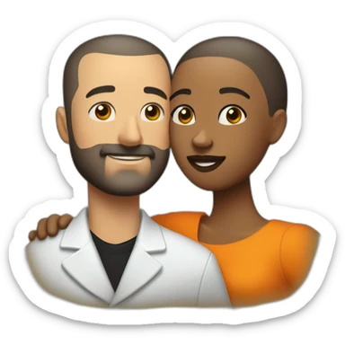 “White man with a buzz cut and skin fade, thin beard, and well-defined mustache by a barber, embracing his Black wife with very straight hair and large orange earrings.” sticker