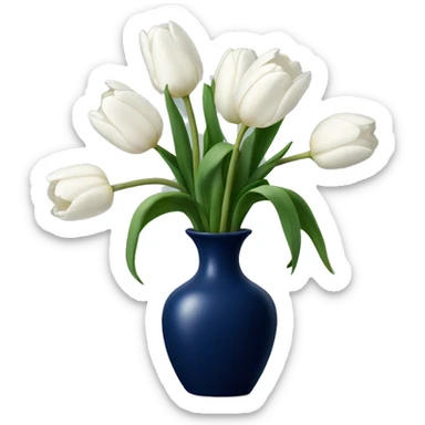 White tulips in navy blue vase with a bow sticker