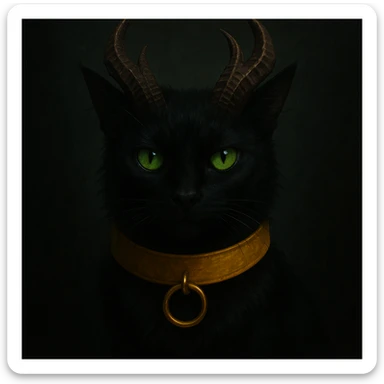 Add a yellow collar to the black cat with green eyes and demon horns, maintaining the visually striking style of the original image. sticker