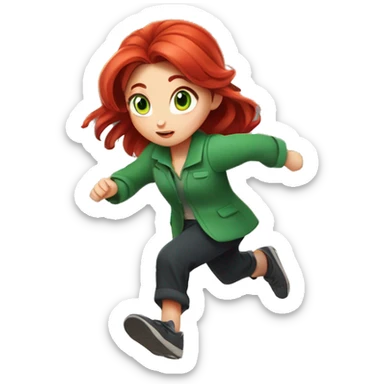 Cute Girl, Big green eyes, Long red hair, Green loose fitting pantsuit Running, Disney anime style, cinematic lighting sticker