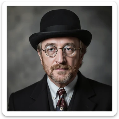 highly realistic portrait of John Lennon wearing a bowler hat, photorealistic, detailed, soft lighting sticker