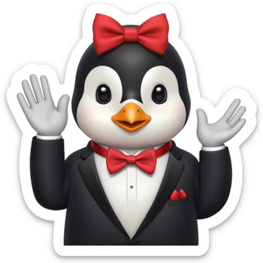 Un pinguino con una pajarita roja haciendo el gesto con la mano abierta de cumplir una promesa sticker