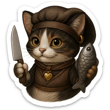 Make the cat chef normal cat colors, but keep the earring gold. The cat is holding a knife and a fish, wearing a bandana, with no background. Maintain the original style and details as much as possible. sticker