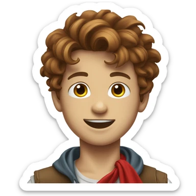white skin, boy with a red bandana, brown hair in the wind, smiling sticker