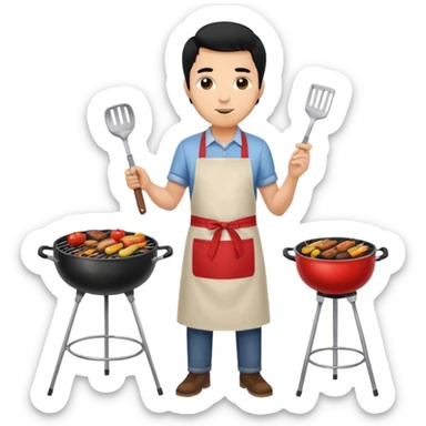 man cooking barbecue full-body black hair light brown skin sticker