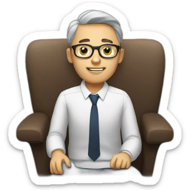 Man with glasses sitting explaining  sticker