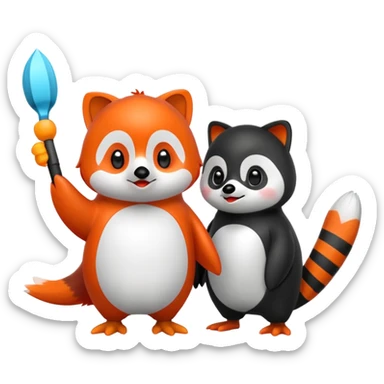 A cartoon  cute cartoon penguin. Next to it is a cartoon red panda holding its flipper  sticker