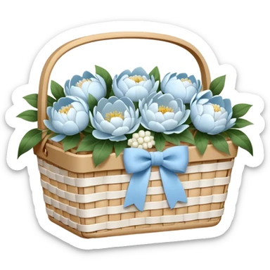 White Picnic basket with light blue bow and white peonies inside sticker