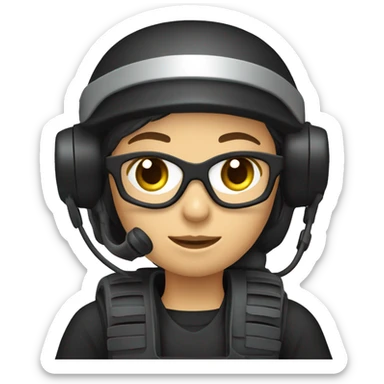operator dressed in black with a milatary helmet, without glasses, wearing a headset, ready to respond to alerts, preferably female white sticker
