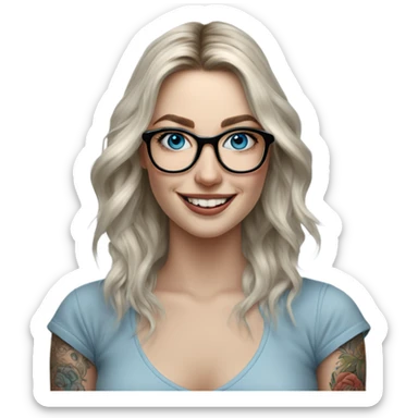 Hyper Realistic Balayage pale beautiful tattooed woman with glasses and blue eyes happy  sticker
