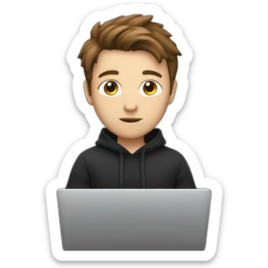 a focused white man, wearing a black hoodie, with brown hair, behind a laptop screen sticker