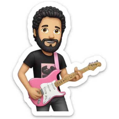 white man with dark beard and black t shirt and pastel pink stratocaster electric guitar sticker