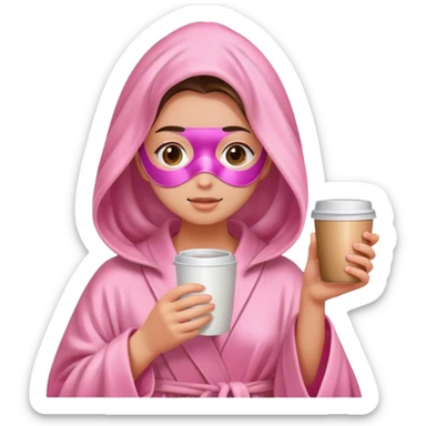 Girl holding coffee with a pink robe on and a face mask on her face with wet hair  sticker