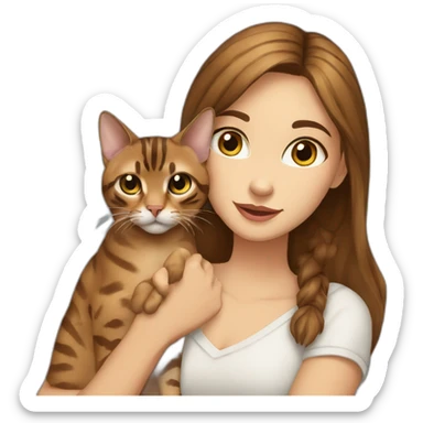 a beautiful girl with blue eyes and brown hair is holding a Bengal cat with yellow eyes in her arms sticker
