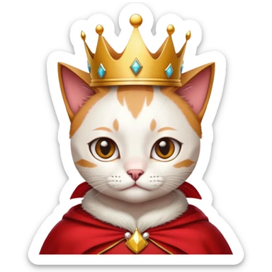 red cape with a cat and tilited head and a crown sticker