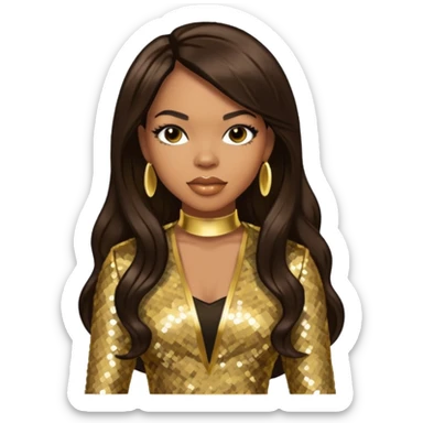 Tenitra Michelle Williams, R&B Singer from Destiny's Child with long dark brown hair, gold sequin outfit, medium dark skin sticker