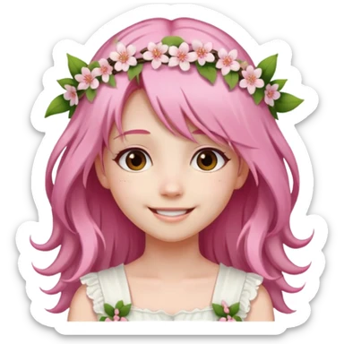 A girl with long, light cherry blossom pink hair, wearing a matching floral wreath and a white dress. sticker