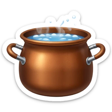 brown small metal pot filled with boiling water on a stove, visible hot steam and rising bubbles, realistic heat effect, shiny pot surface, bright lighting, clean white background sticker