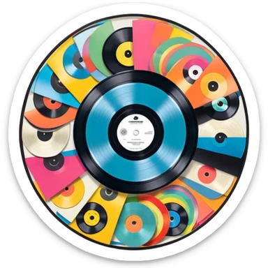 Icon for Vinyl Record Collecting: colorful vinyl records in decorative packaging featuring artist images, neatly arranged on a wall or shelf. The icon should reflect the aesthetic and artistic aspect of collecting vinyl records. Transparent background. sticker