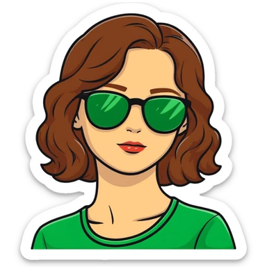 woman with pale skin, brown wavy hair, green eyes, gold glasses sticker