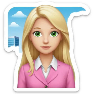 long blonde hair, real estate broker, 20 years old, green eyes, cute pink corporate dress sticker