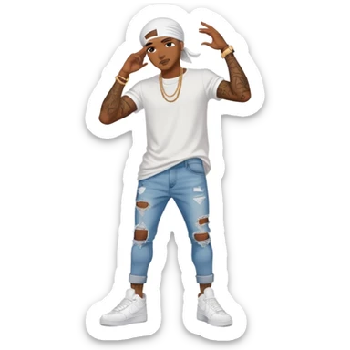 Black man with durag on and ripped skinny jeans and tattoos and white tee shirt and white Air Force ones on sticker