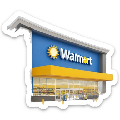 “Exterior of a Walmart store with the sunburst logo above the entrance, blue facade with yellow accents, large sliding glass doors, and shopping carts lined up outside, capturing the look of a busy retail supercenter.” sticker