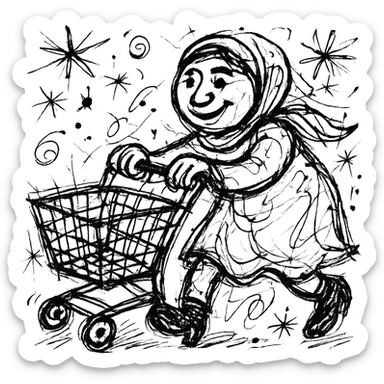 hand-drawn Uzbek woman with a shopping cart, chaotic energy sticker