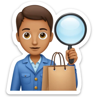 mystery shopper holding a magnifying glass and a shopping bag sticker