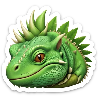 Meme-Worthy Cute Sleeping Iguana Portrait Emoji, Head resting peacefully with a contented smile, showcasing a solid, textured body with a subdued spiky crest and eyes gently closed in serene slumber, Simplified yet adorably endearing features, highly detailed, glowing with a soft, drowsy jungle light, high shine, relaxed and utterly lovable, stylized with an air of playful laziness, soft glowing outline, capturing the essence of a sleeping iguana that feels destined to become the next viral icon of adorable rest! sticker