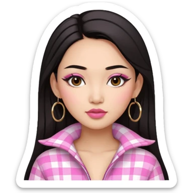 Asian Woman with dark hair, bold brows, winged eyeliner, full nude lips, hoop earrings, pink plaid outfit.  sticker