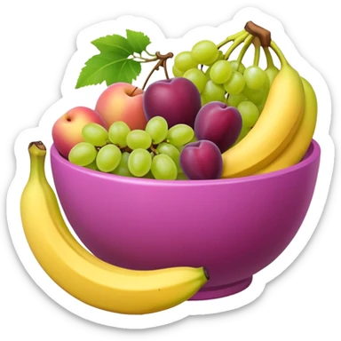 A pink bolw fully of all types os fruits, like a macedonia without red fruits sticker