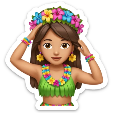 Hawaiian hula dancer with both hands above head, wearing a colorful lei and skirt, classic emoji style sticker