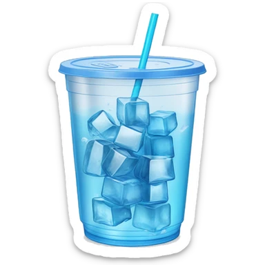 Realistic see through plastic cup and lid with half full Transluscent blue soda,straw and large ice cubes inside. sticker