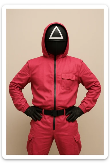 Squid Game man character in pink guard uniform with mask, standing pose, simple background sticker